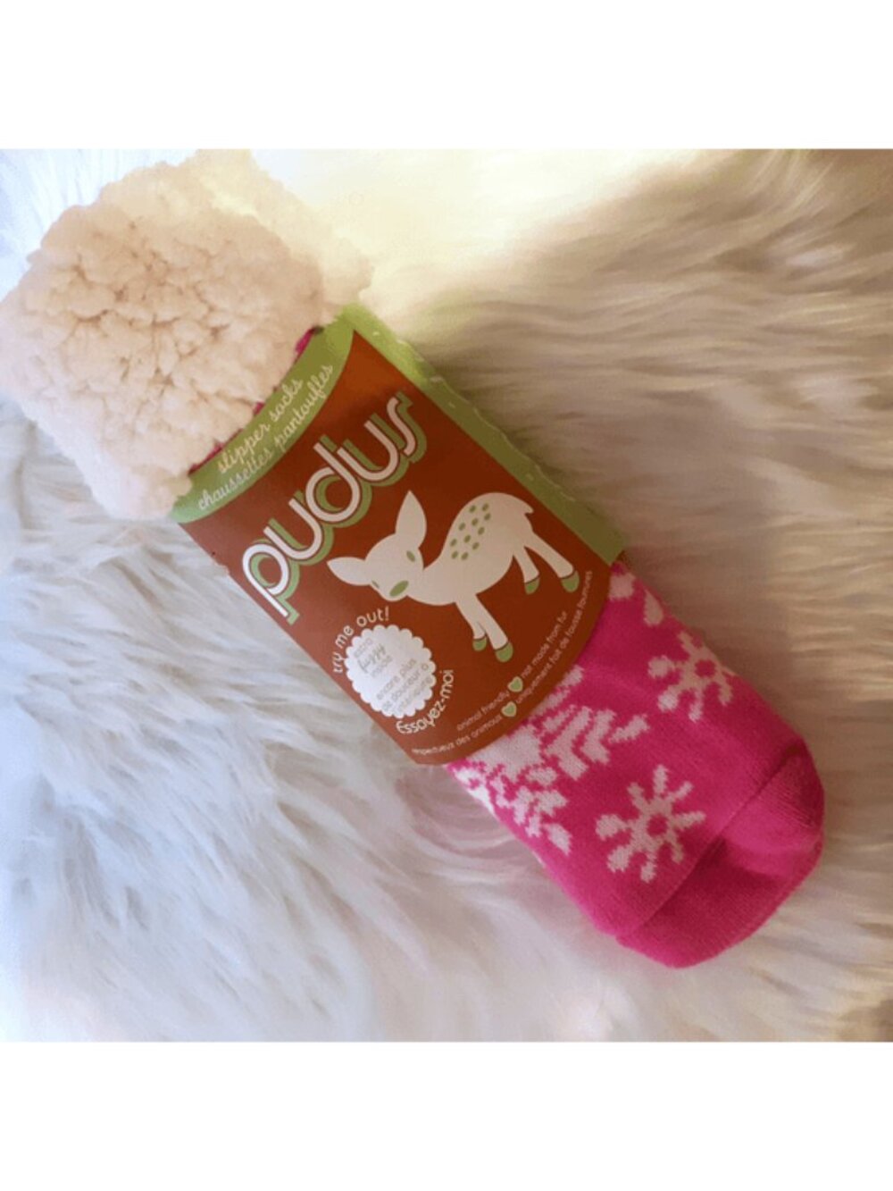 *NWT Pudus Cozy Soft Sherpa Slipper Socks Pink White Snowflakes